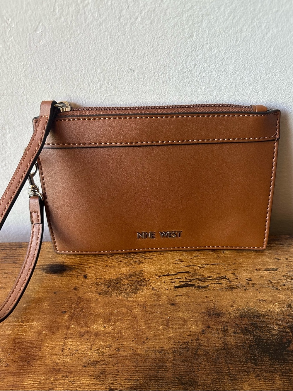 Nine West Brown Faux Leather Slim Wristlet Pouch with Silver Hardware NWOT
